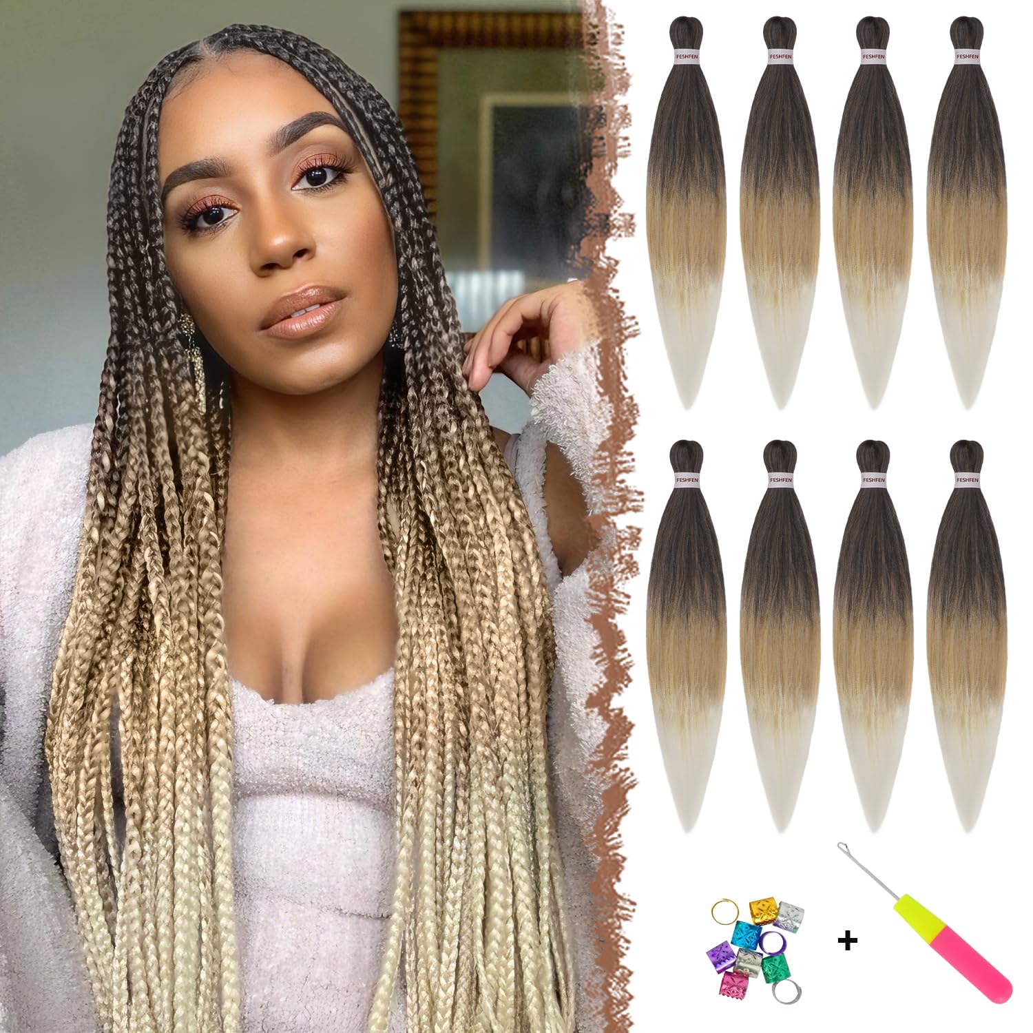 FESHFEN Meches pour Tresses Africaine Rajout Cheveux Tresses Pré étiré Tressage Braiding Hair Synthétiques Yaki 8 Packs Hair Braids Extensions de cheveux pour Femme 65cm Noir cassé à Auburn clair