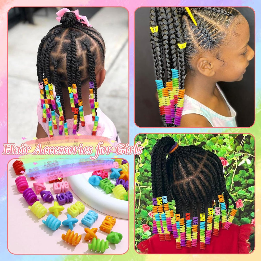 60 pièces perles à cheveux multicolores pour filles enfants tresses dreadlocks multi-formes LOVE spirale X avec aide à l'enfilage