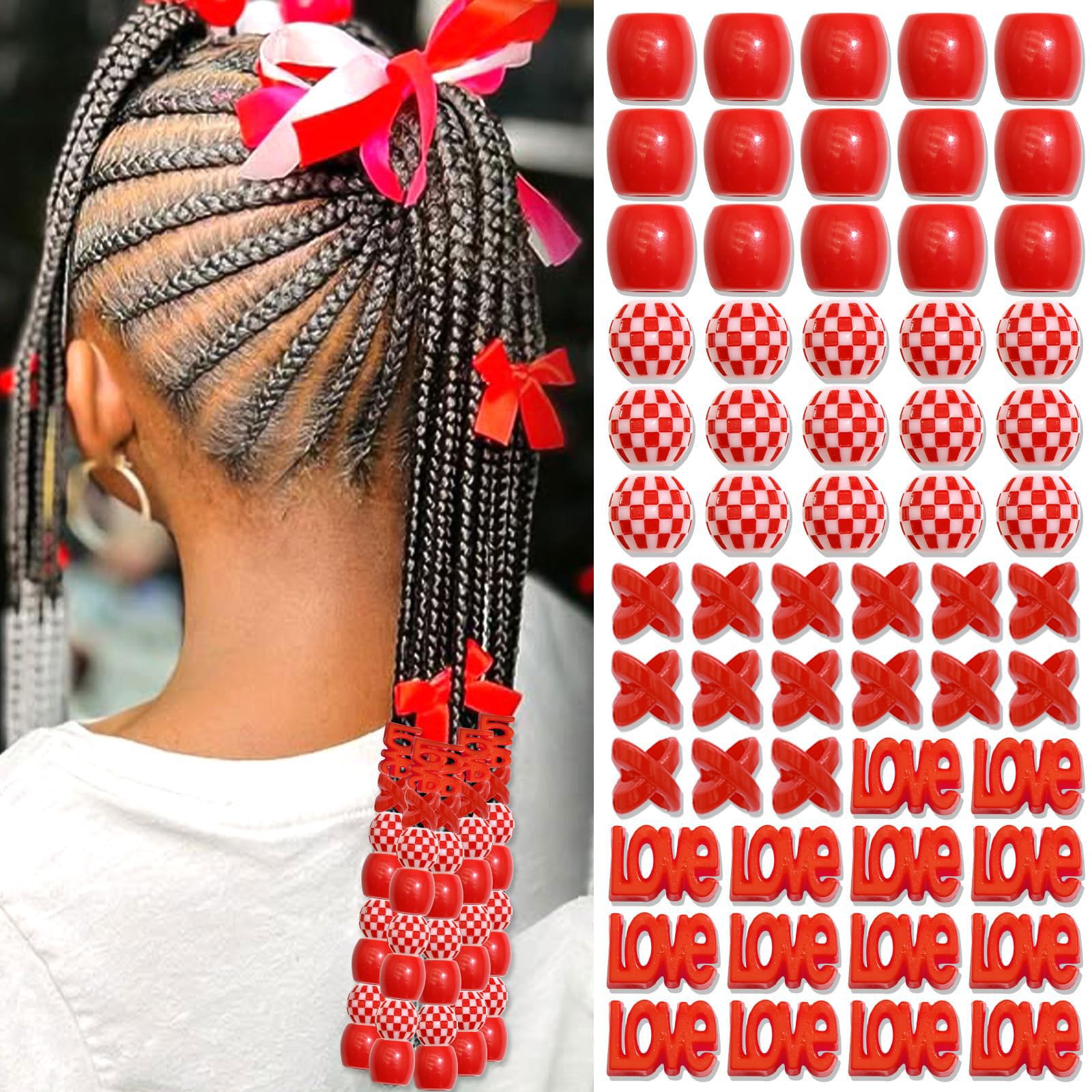 60 perles à cheveux pour enfants filles perles de tresse multicolores rouge X-ronde-LOVE-forme mixte avec aide à l'enfilage
