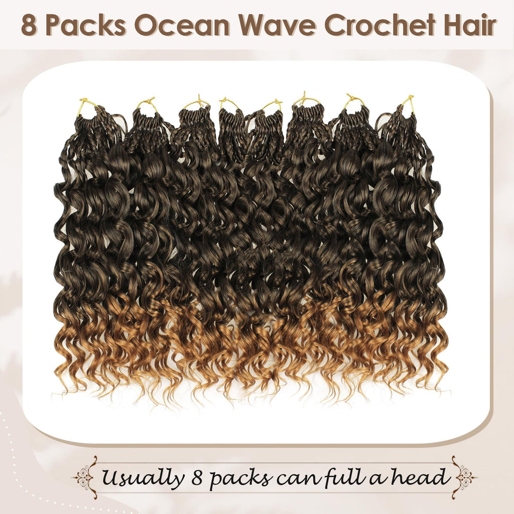 Enbeautiful 14 Inch 8 Packs Pre-Looped Ocean Wave Crochet Hair Pre-Twisted Deep Water Beach Curly Braiding Hair Synthetic Boho Wavy Curly Hair Extensions for Women（14 Inch,TBug）