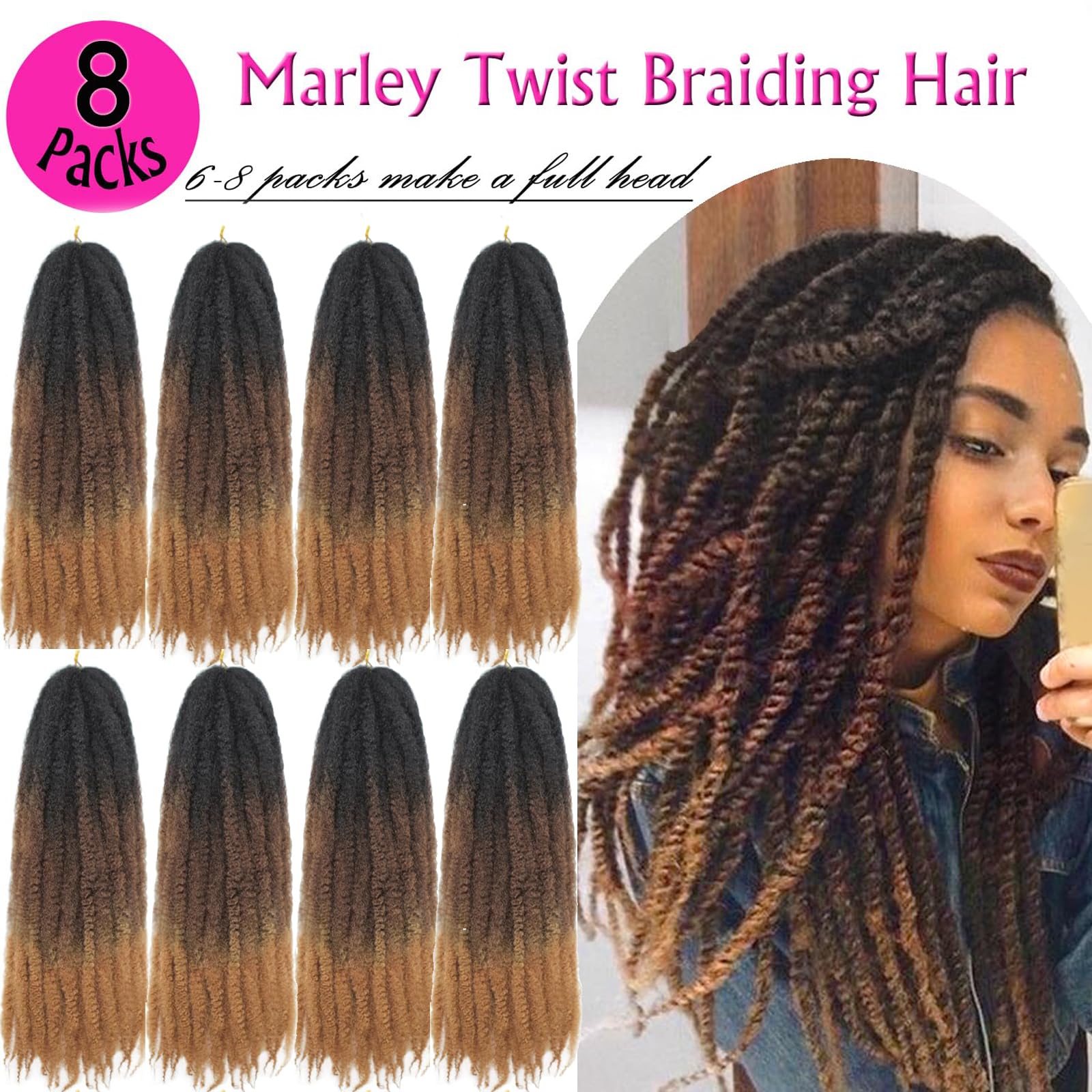 Enbeautiful Marley Twist Hair 24 Inch 8packs Marley Twists Braiding Hair Long Cuban Twist Hair Pre Fluffed Afro Kinky Curly Twists Crochet Hair Synthetic Marley Braids Extensions,27#