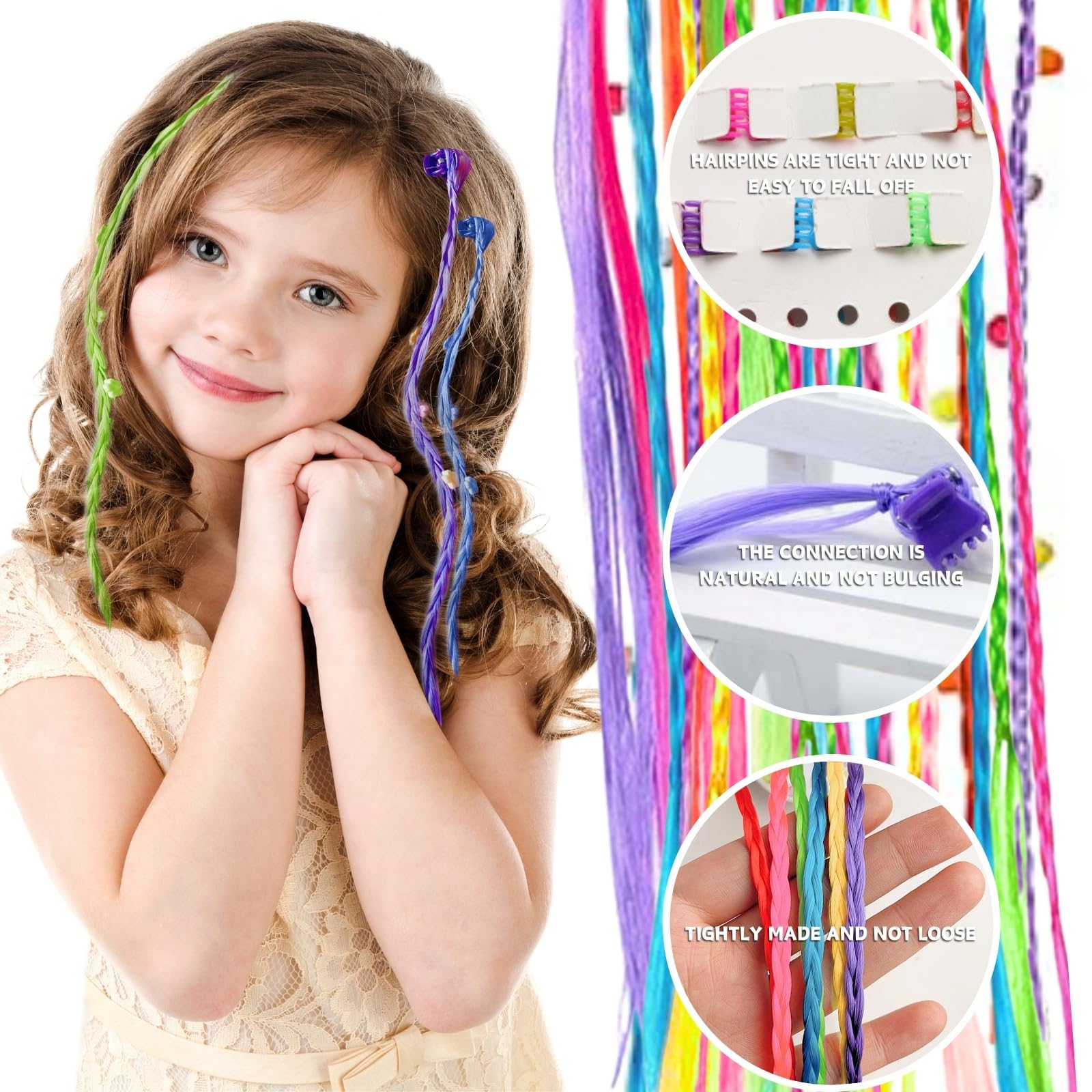 42 Pièces Extensions de Cheveux Couleur avec Clips Cheveux, Kit de Tressage de Cheveux pour Filles et Enfants, Set Accessoires de Coiffure, Rajout Cheveux Tresses pour Fêtes (Série A)