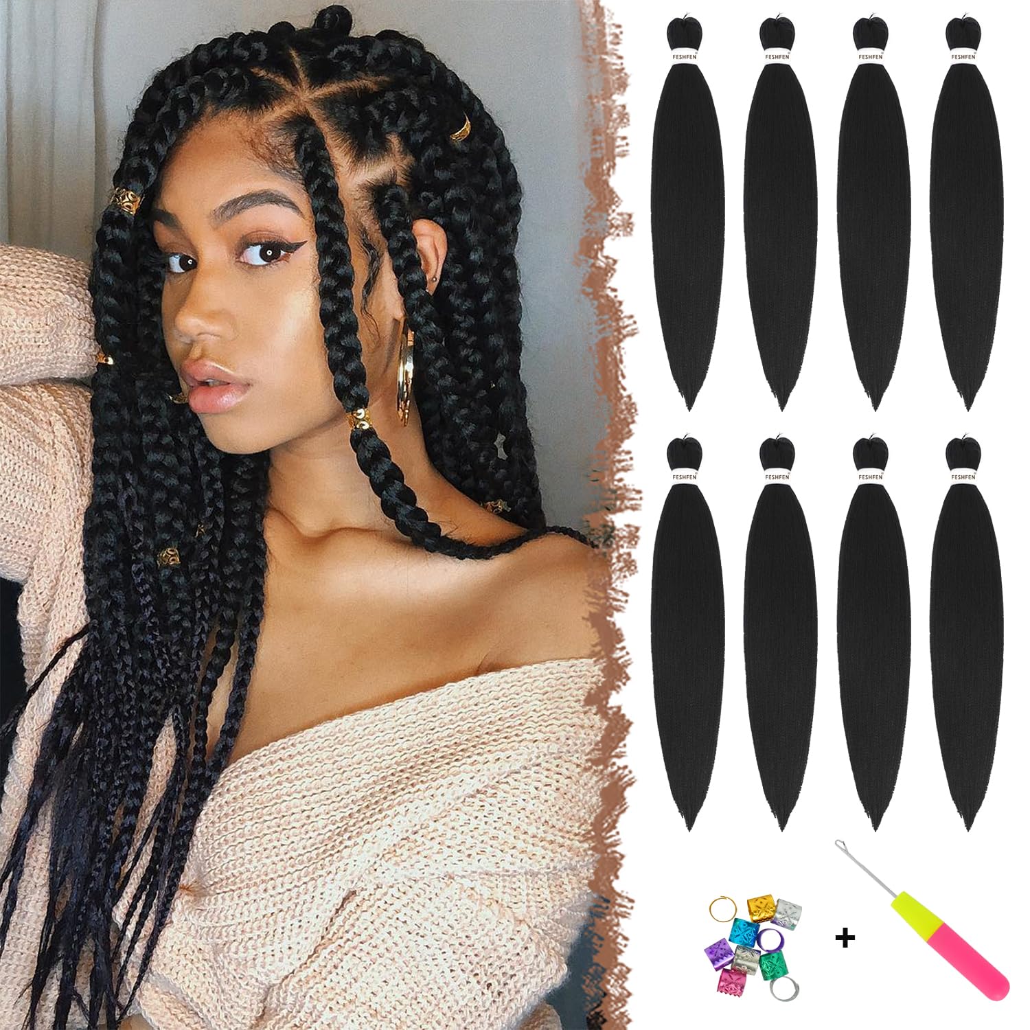 FESHFEN Meches pour Tresses Africaine Rajout Cheveux Tresses Pré étiré Tressage Braiding Hair Synthétiques Yaki 8 Packs Hair Braids Extensions de cheveux pour Femme 65cm Noir cassé à Auburn clair