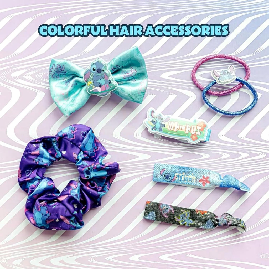 SRV Hub Disney Stitch Lot de 8 accessoires pour cheveux dans un sac à dos – Nœud à cheveux, chouchou et élastiques à cheveux pour filles, ensemble de beauté pour filles de 3 ans et plus