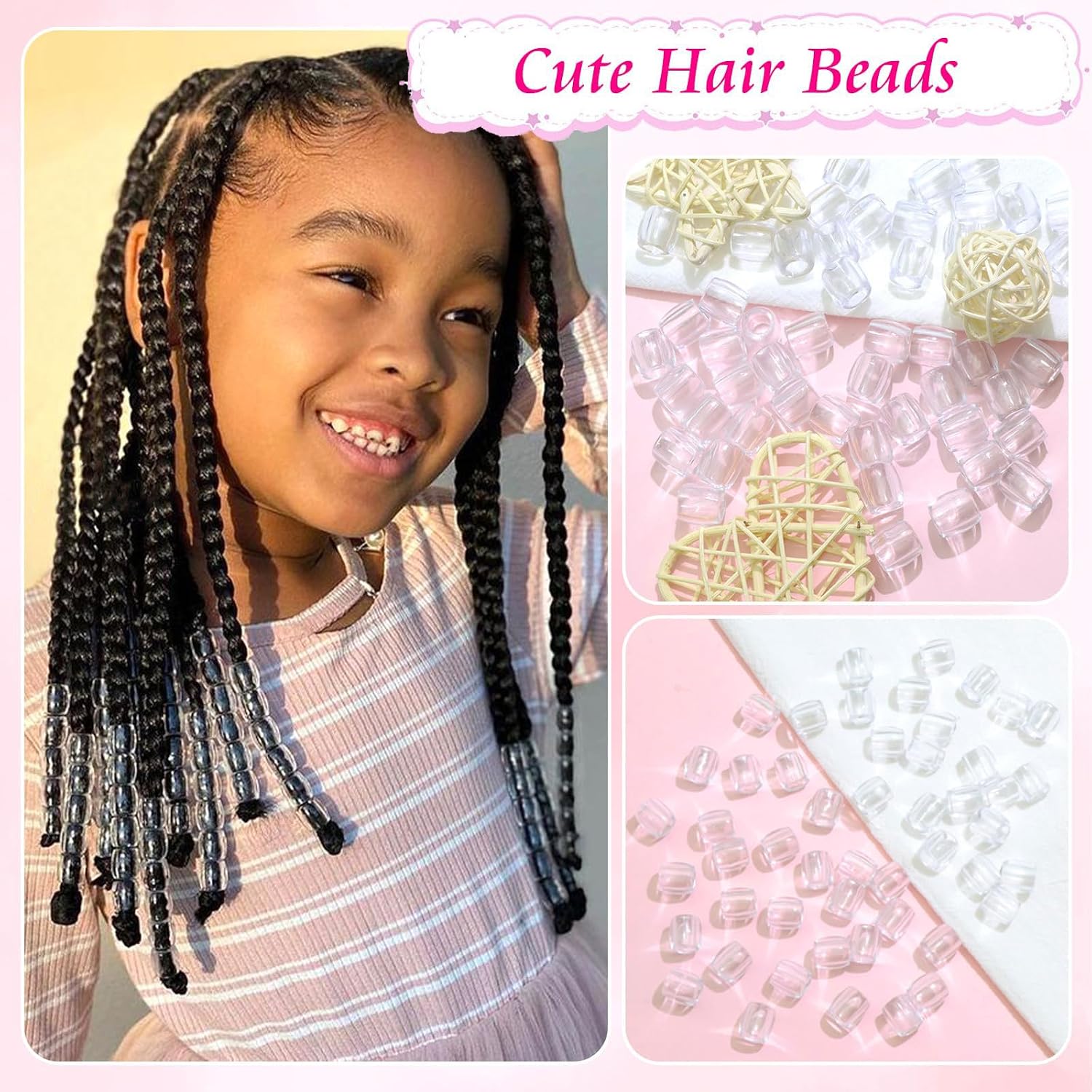 50PCS Perles à Cheveux Transparentes pour Tresses, Grosses Perles en Acrylique, Accessoires pour Dreadlocks, Bijoux pour Cheveux pour Enfants Filles avec Aide à