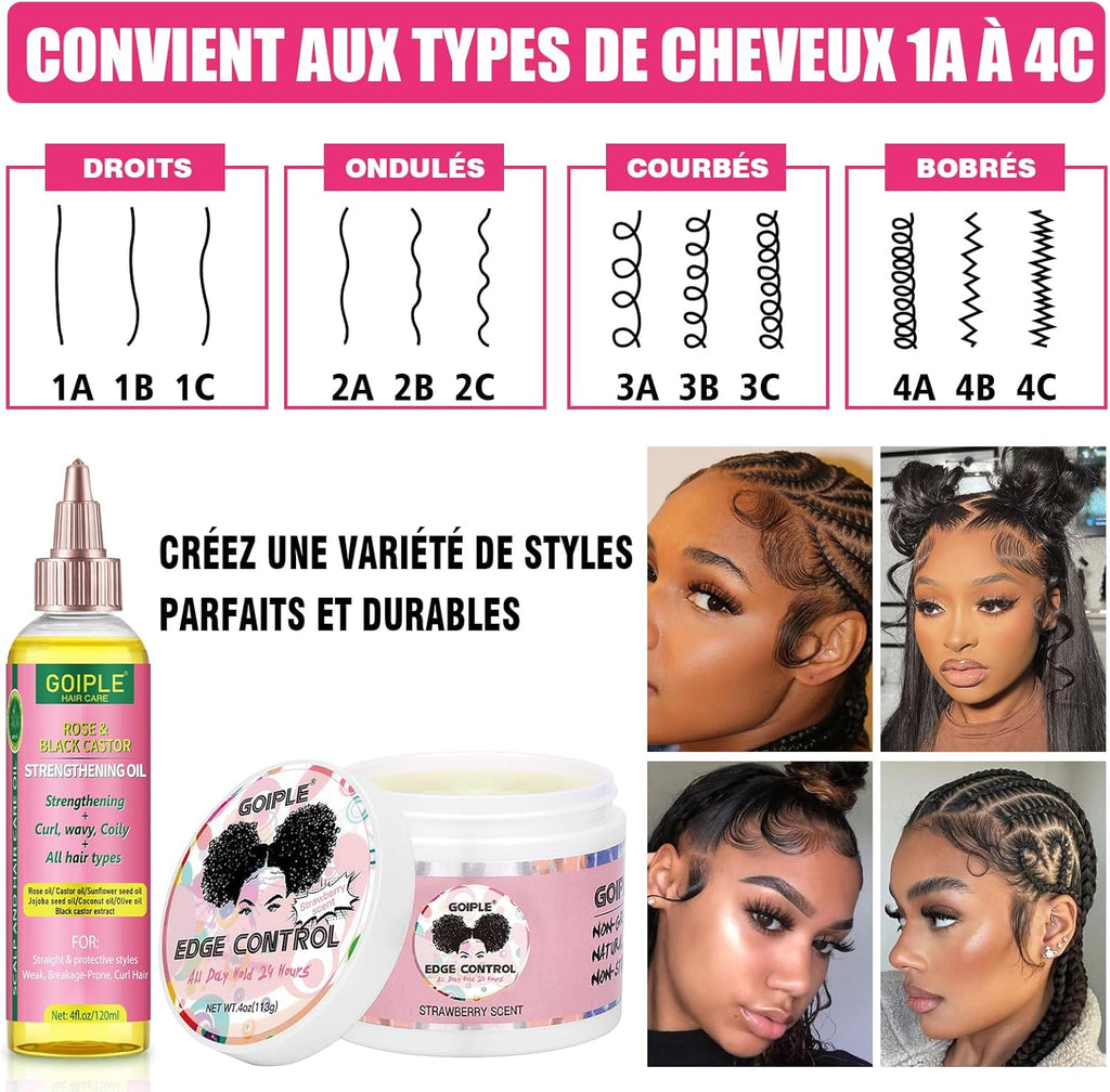 Edge Control Wax for Femmes Forte Tenue -Cire Cheveux Gel pour Cheveux Noirs - Huile Capillaire à la Rose & Ricin pour la Pousse des Cheveux Huile Capillaire Fortifiante Ensemble
