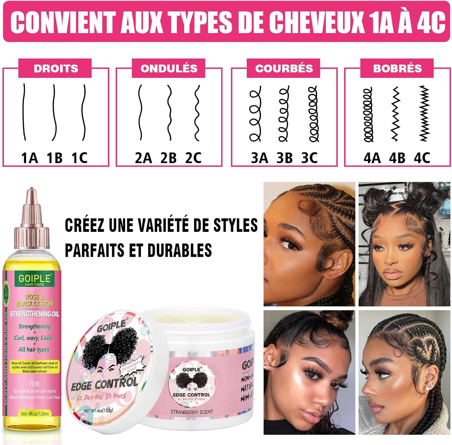 Edge Control Wax for Femmes Forte Tenue -Cire Cheveux Gel pour Cheveux Noirs - Huile Capillaire à la Rose & Ricin pour la Pousse des Cheveux Huile Capillaire Fortifiante Ensemble