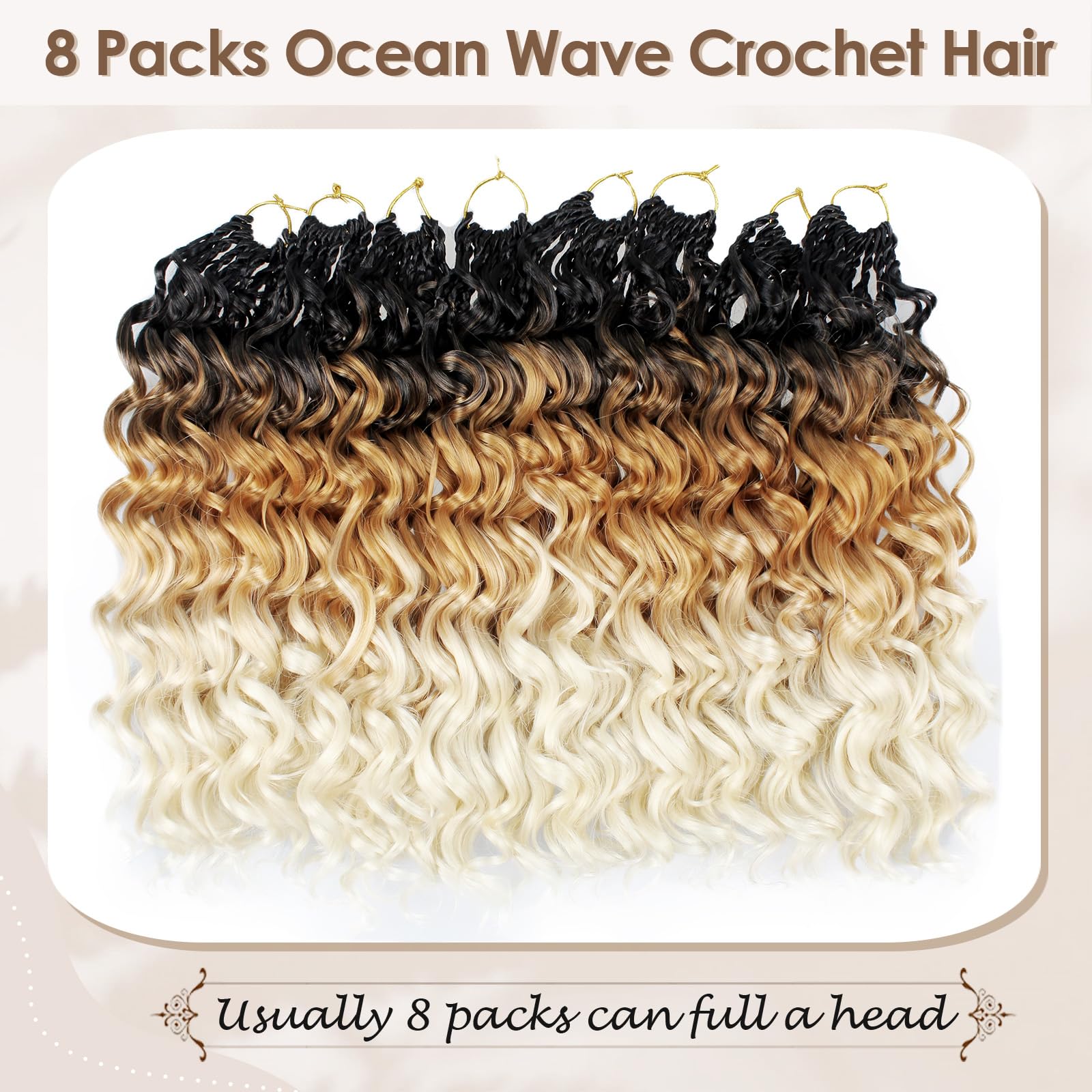 Enbeautiful 14 Inch 8 Packs Pre-Looped Ocean Wave Crochet Hair Pre-Twisted Deep Water Beach Curly Braiding Hair Synthetic Boho Wavy Curly Hair Extensions for Women（14 Inch,TBug）
