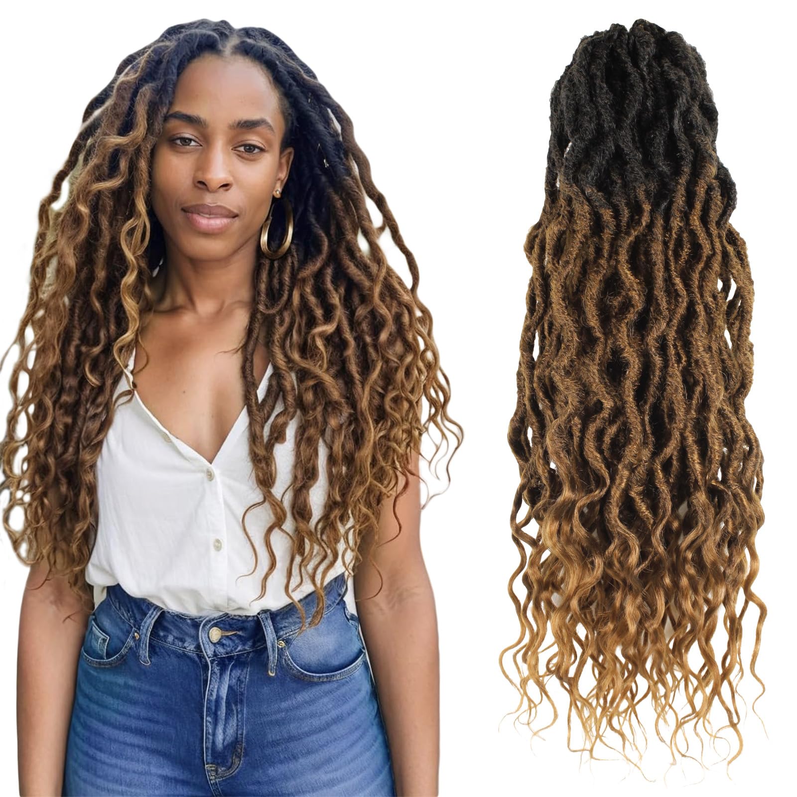 Faux Locs Crochet Hair 24Inch 7 Packs Pre-Looped Ombre Soft Locs With Curly Ends Dreadlock Goddess Loc Crochet Hair for Women（24Inch，OT1B/30/27#）