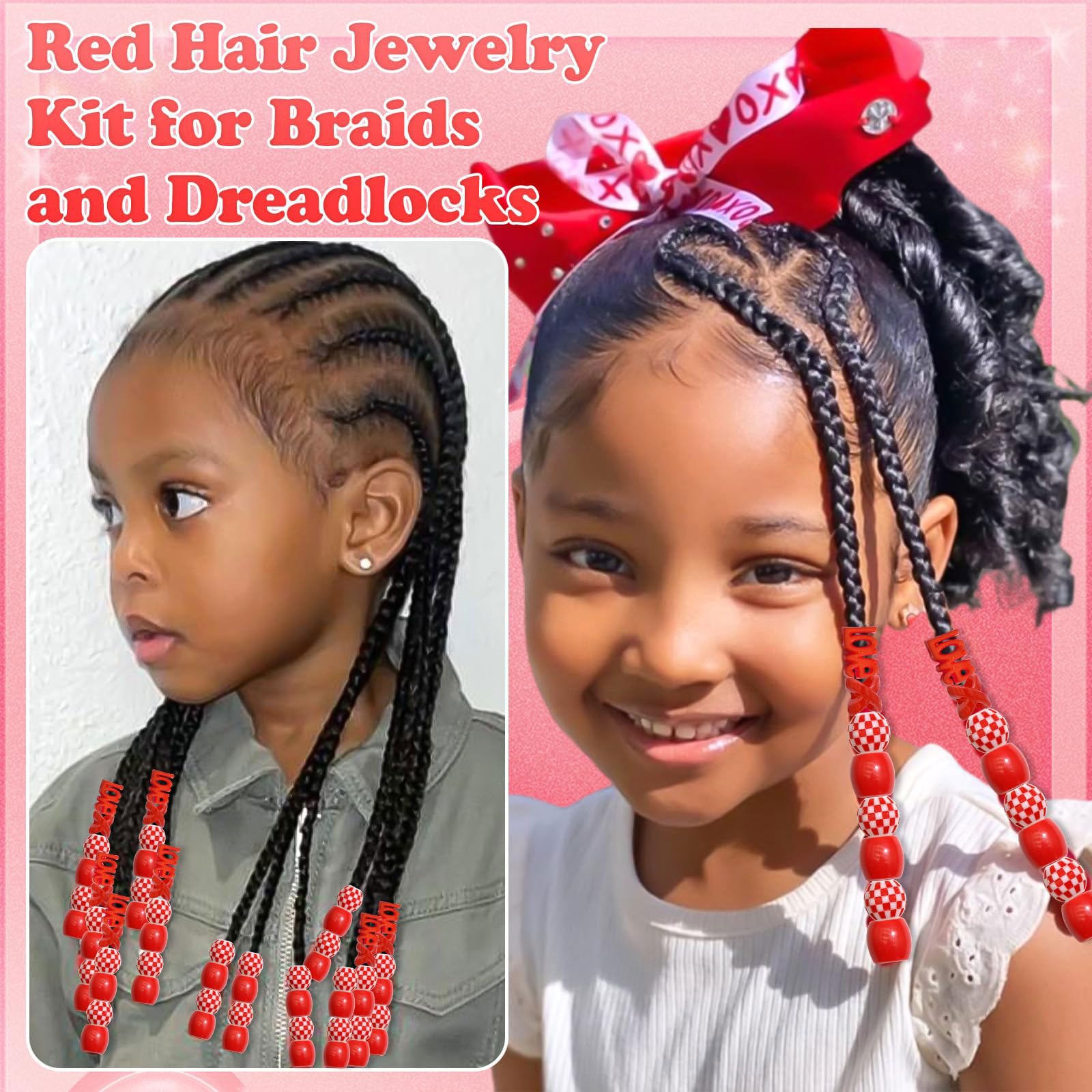 60 perles à cheveux pour enfants filles perles de tresse multicolores rouge X-ronde-LOVE-forme mixte avec aide à l'enfilage