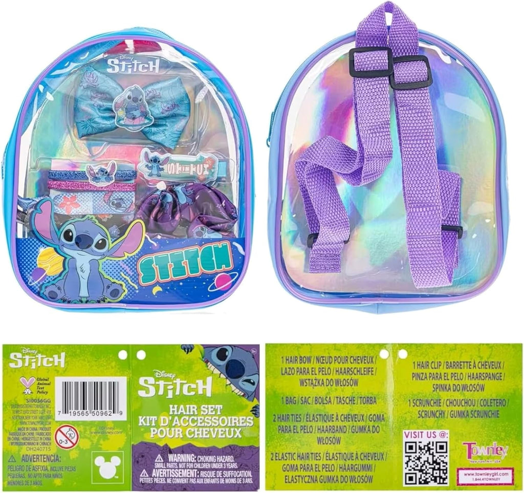 SRV Hub Disney Stitch Lot de 8 accessoires pour cheveux dans un sac à dos – Nœud à cheveux, chouchou et élastiques à cheveux pour filles, ensemble de beauté pour filles de 3 ans et plus