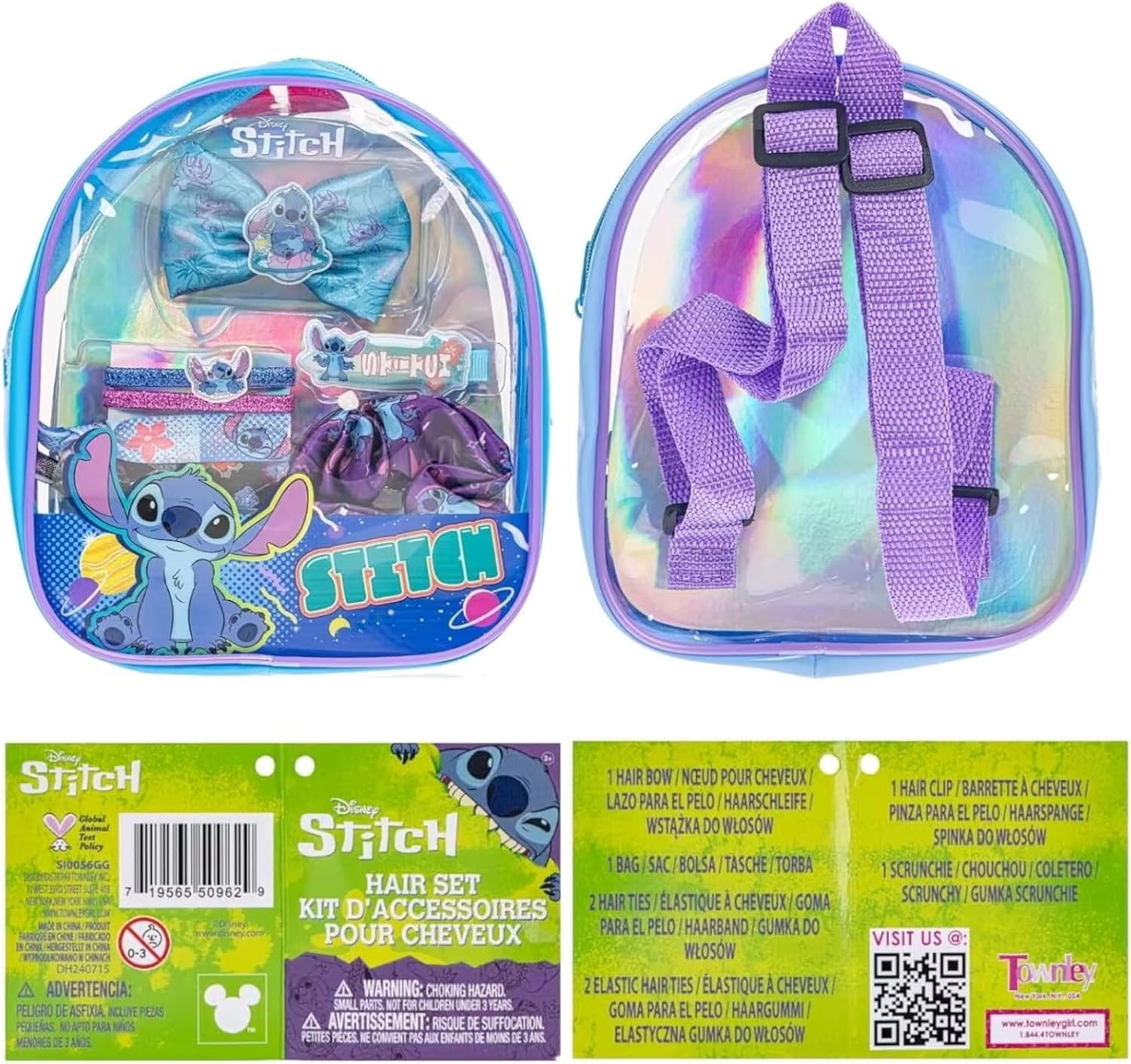 SRV Hub Disney Stitch Lot de 8 accessoires pour cheveux dans un sac à dos – Nœud à cheveux, chouchou et élastiques à cheveux pour filles, ensemble de beauté pour filles de 3 ans et plus