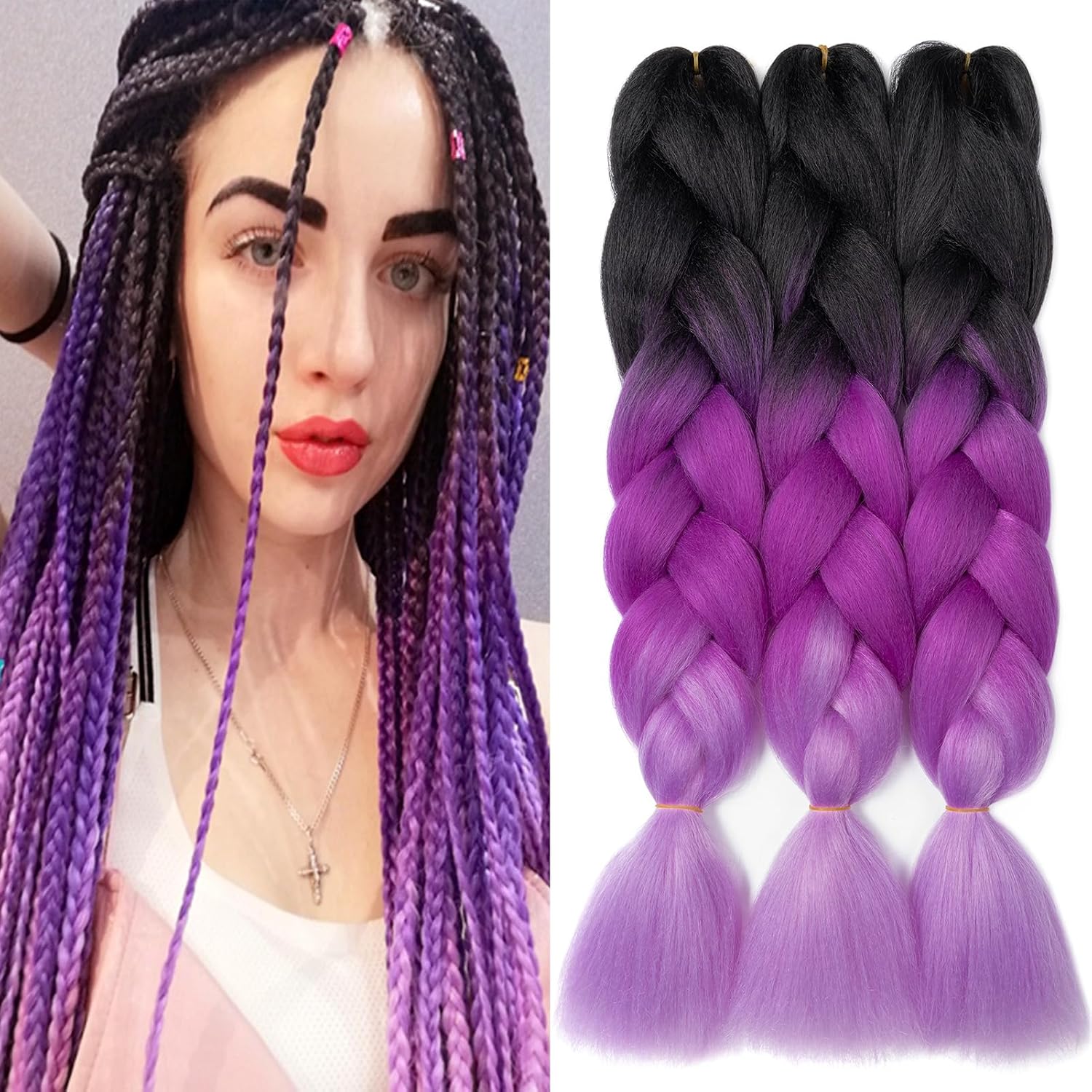 Meches pour Tresses Africaine Rajout Cheveux Braids Jumbo Extension Cheveux Ombre Synthétique Violet & Bleu & Jaune & Orange
