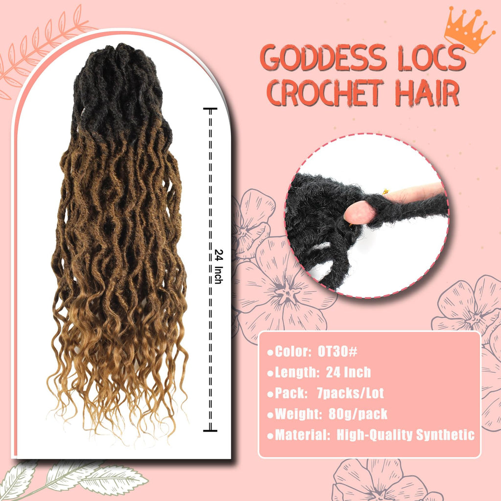 Faux Locs Crochet Hair 24Inch 7 Packs Pre-Looped Ombre Soft Locs With Curly Ends Dreadlock Goddess Loc Crochet Hair for Women（24Inch，OT1B/30/27#）