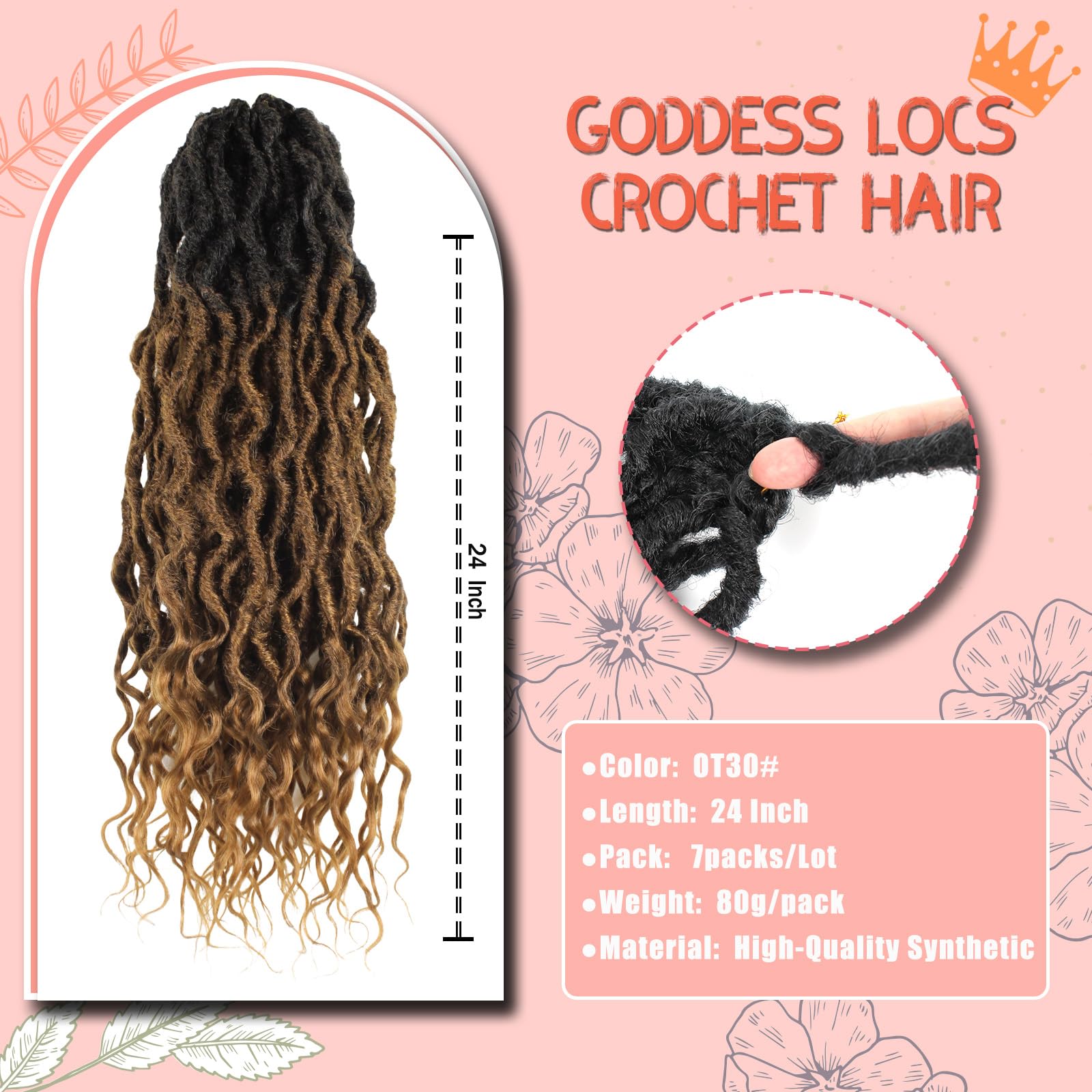 Faux Locs Crochet Hair 24Inch 7 Packs Pre-Looped Ombre Soft Locs With Curly Ends Dreadlock Goddess Loc Crochet Hair for Women（24Inch，OT1B/30/27#）