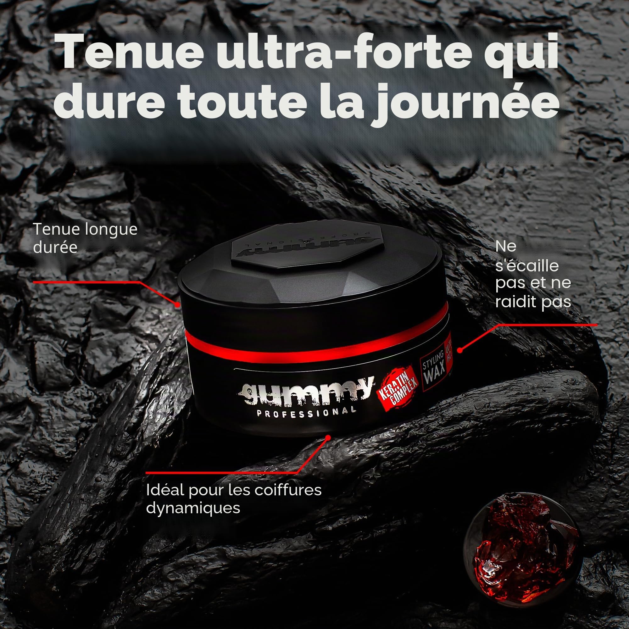 Cire Coiffante Professionnelle Ultra Fixation Gummy 150 ml - Cire capillaire forte tenue & brillance - Pour hommes & femmes - Sans alcool avec vitamine B5