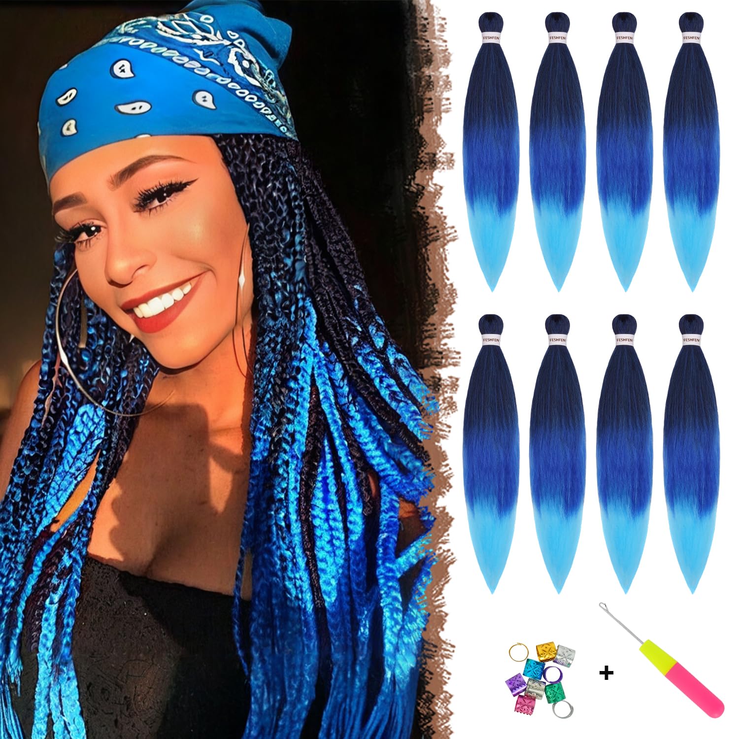 FESHFEN Meches pour Tresses Africaine Rajout Cheveux Tresses Pré étiré Tressage Braiding Hair Synthétiques Yaki 8 Packs Hair Braids Extensions de cheveux pour Femme 65cm Noir cassé à Auburn clair