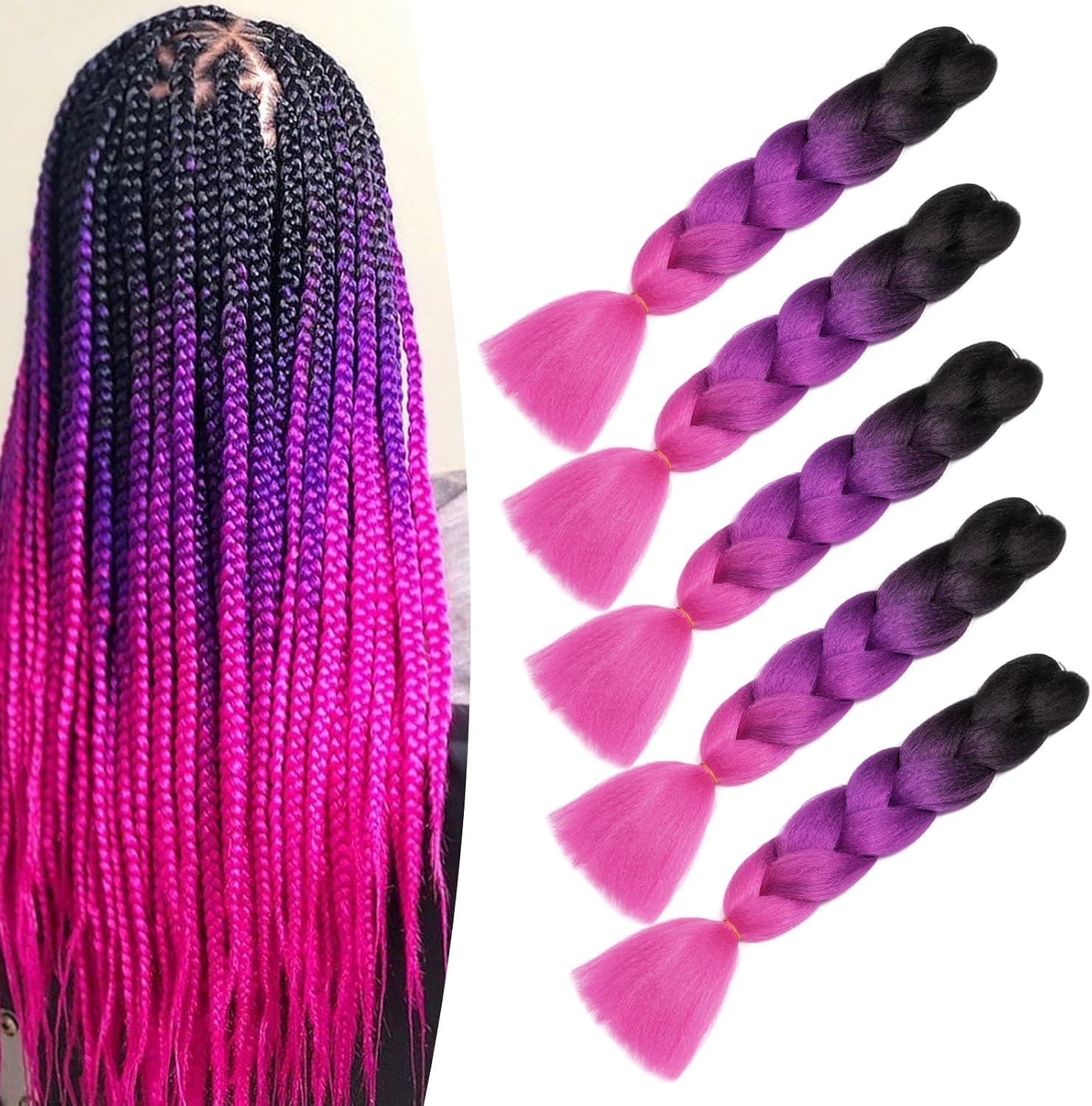 Meches pour Tresses Africaine Rajout Cheveux Braids Jumbo Extension Cheveux Ombre Synthétique Violet & Bleu & Jaune & Orange