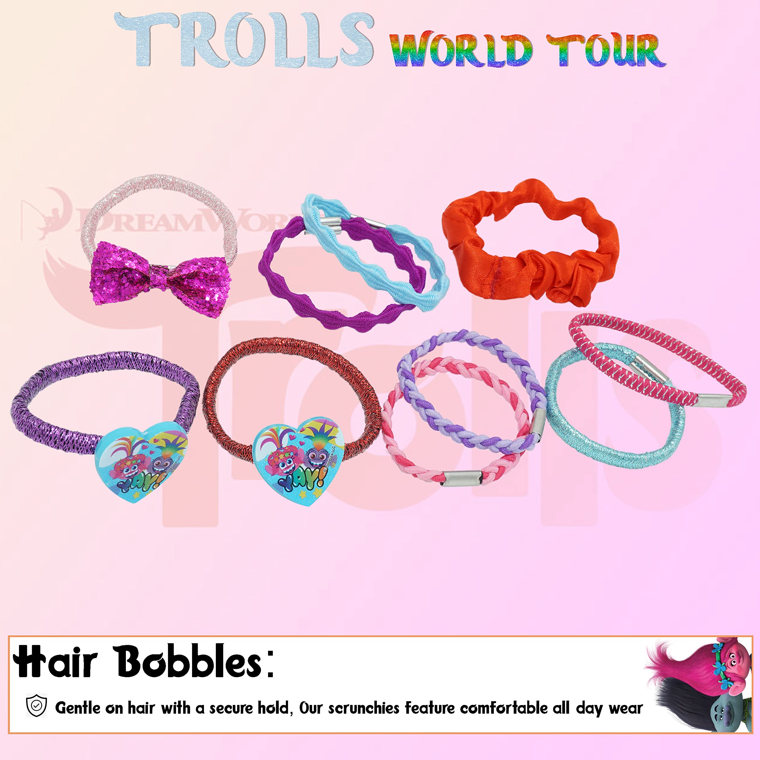 Accessoires à cheveux Trolls pour enfants, brosse à cheveux pour filles, pompons, nœud à cheveux et pince à cheveux pour enfants, pinces à cheveux multicolores pailletées avec de belles breloques
