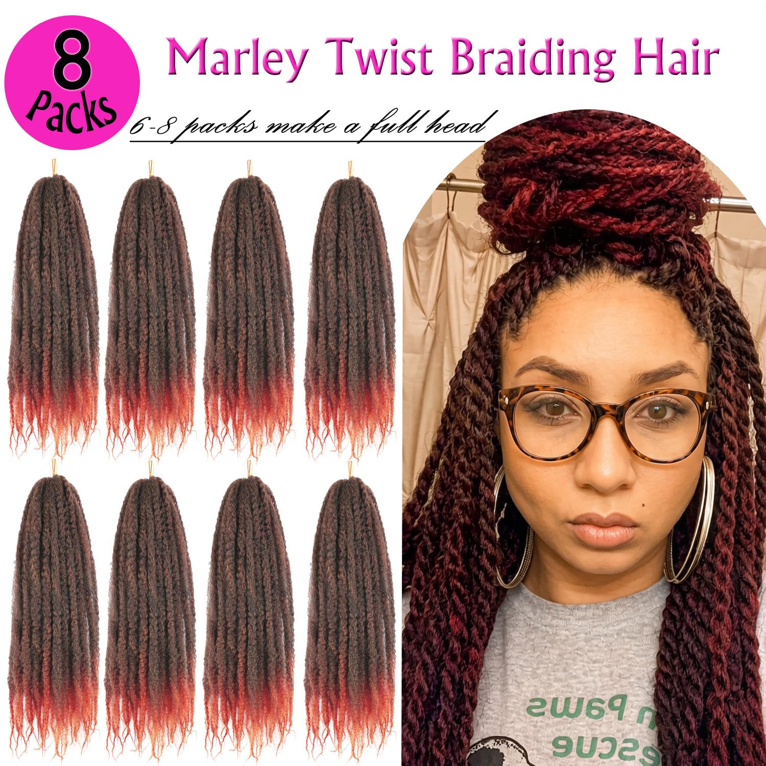 Enbeautiful Marley Twist Hair 24 Inch 8packs Marley Twists Braiding Hair Long Cuban Twist Hair Pre Fluffed Afro Kinky Curly Twists Crochet Hair Synthetic Marley Braids Extensions,27#