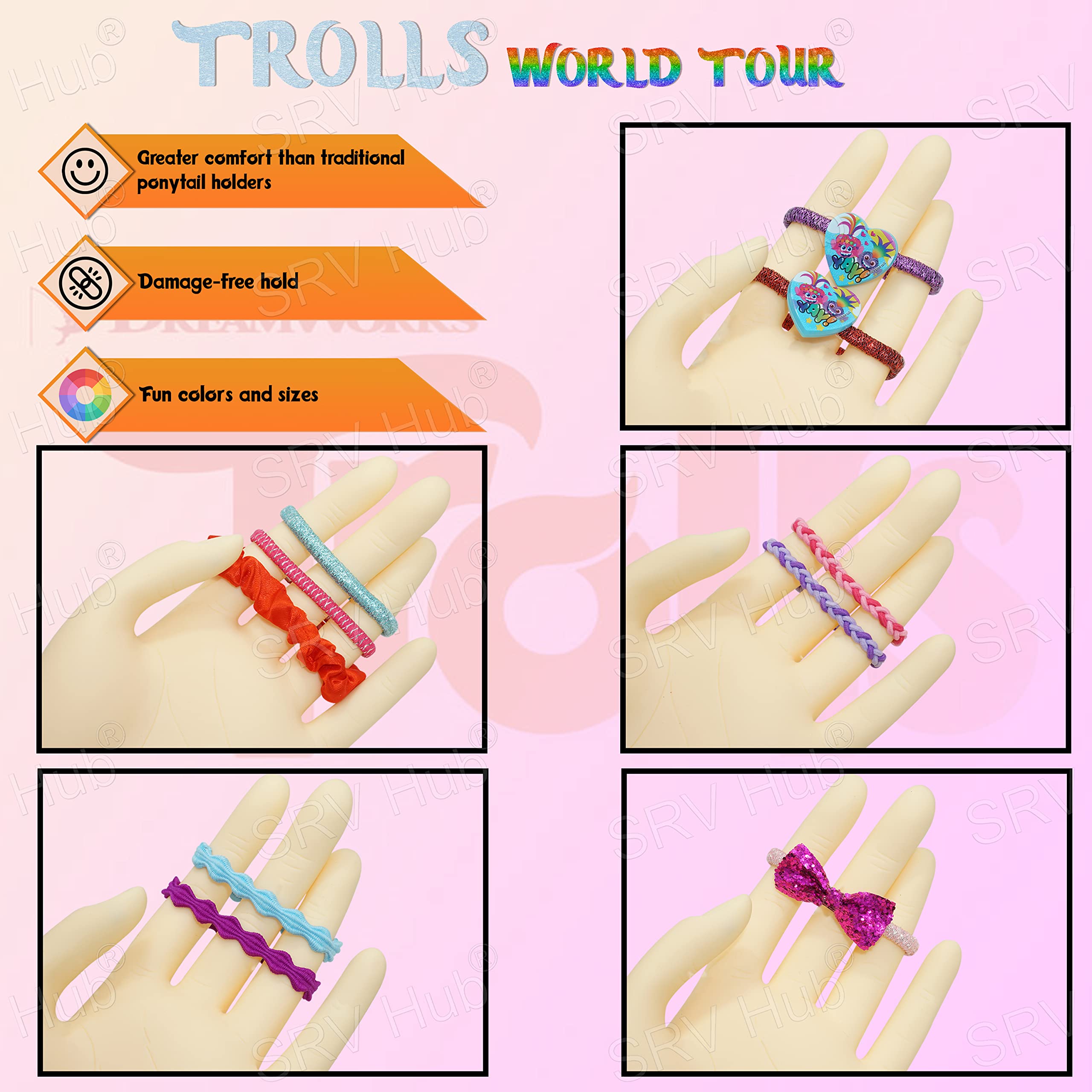 Accessoires à cheveux Trolls pour enfants, brosse à cheveux pour filles, pompons, nœud à cheveux et pince à cheveux pour enfants, pinces à cheveux multicolores pailletées avec de belles breloques