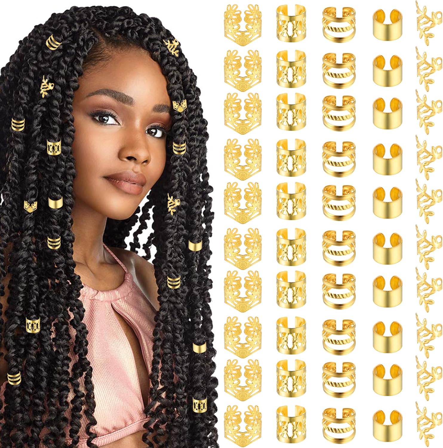 Tyqour Lot de 50 Pièces Bijoux Cheveux Tresse Doré, Bijoux de Cheveux, à Cheveux Dorées Pour Tresses, Accessoires Pour Dreadlocks, Accessoires Pour Dreadlocks, Pour Hommes, Femmes