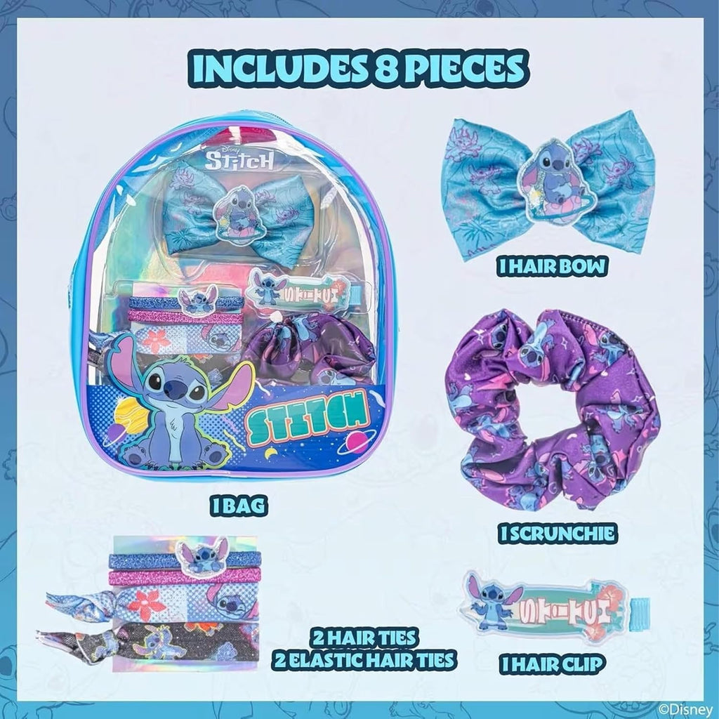 SRV Hub Disney Stitch Lot de 8 accessoires pour cheveux dans un sac à dos – Nœud à cheveux, chouchou et élastiques à cheveux pour filles, ensemble de beauté pour filles de 3 ans et plus