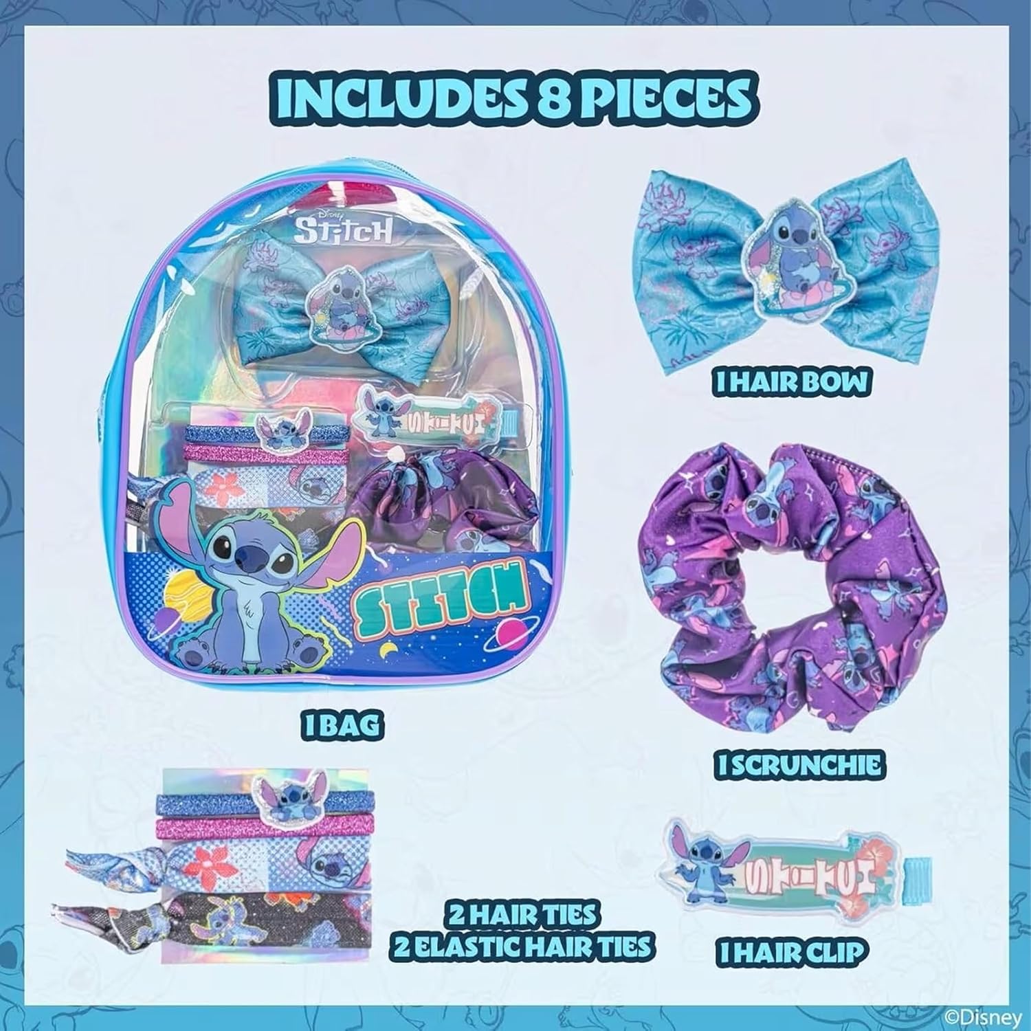 SRV Hub Disney Stitch Lot de 8 accessoires pour cheveux dans un sac à dos – Nœud à cheveux, chouchou et élastiques à cheveux pour filles, ensemble de beauté pour filles de 3 ans et plus
