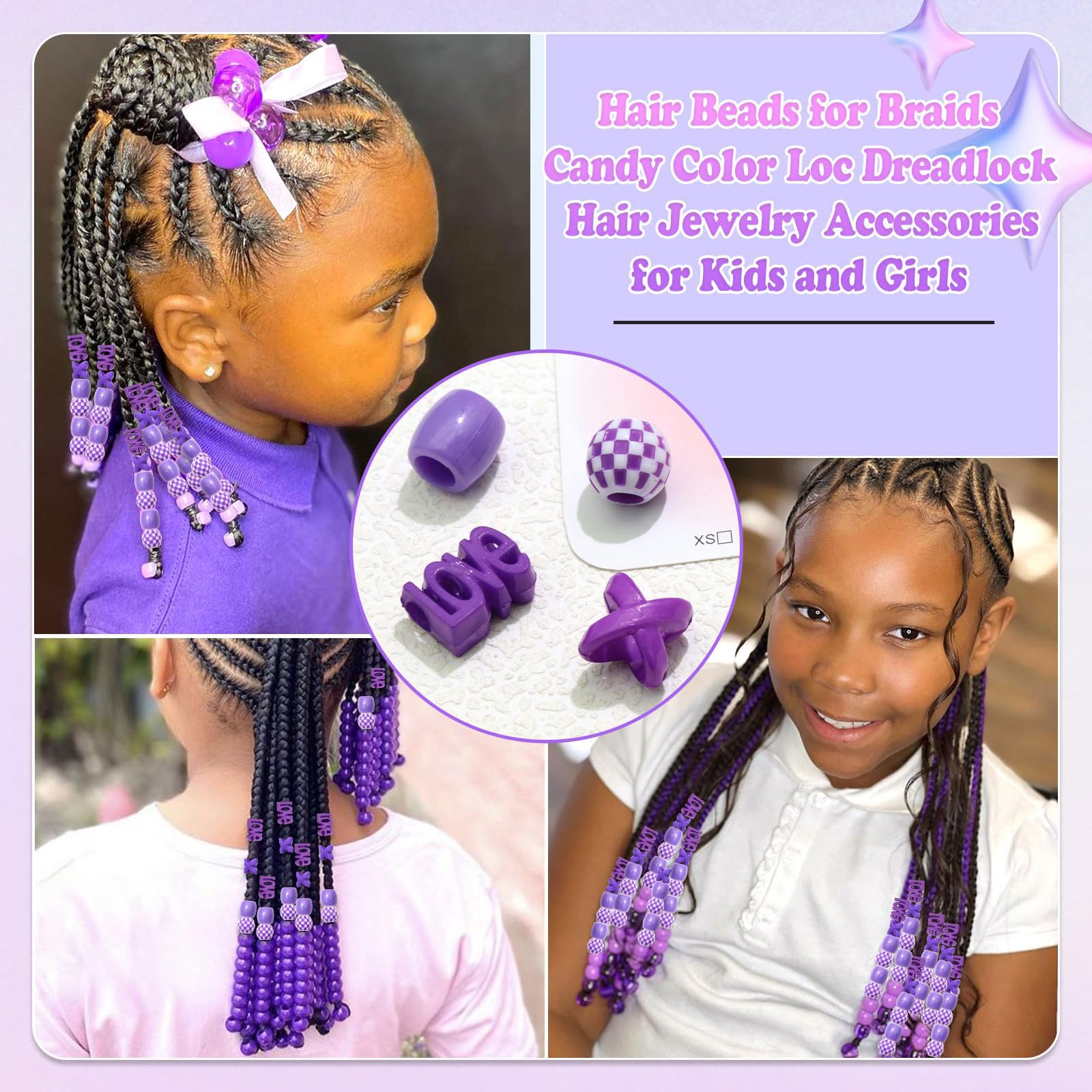 60 perles à cheveux pour enfants filles perles de tresse multicolores rouge X-ronde-LOVE-forme mixte avec aide à l'enfilage