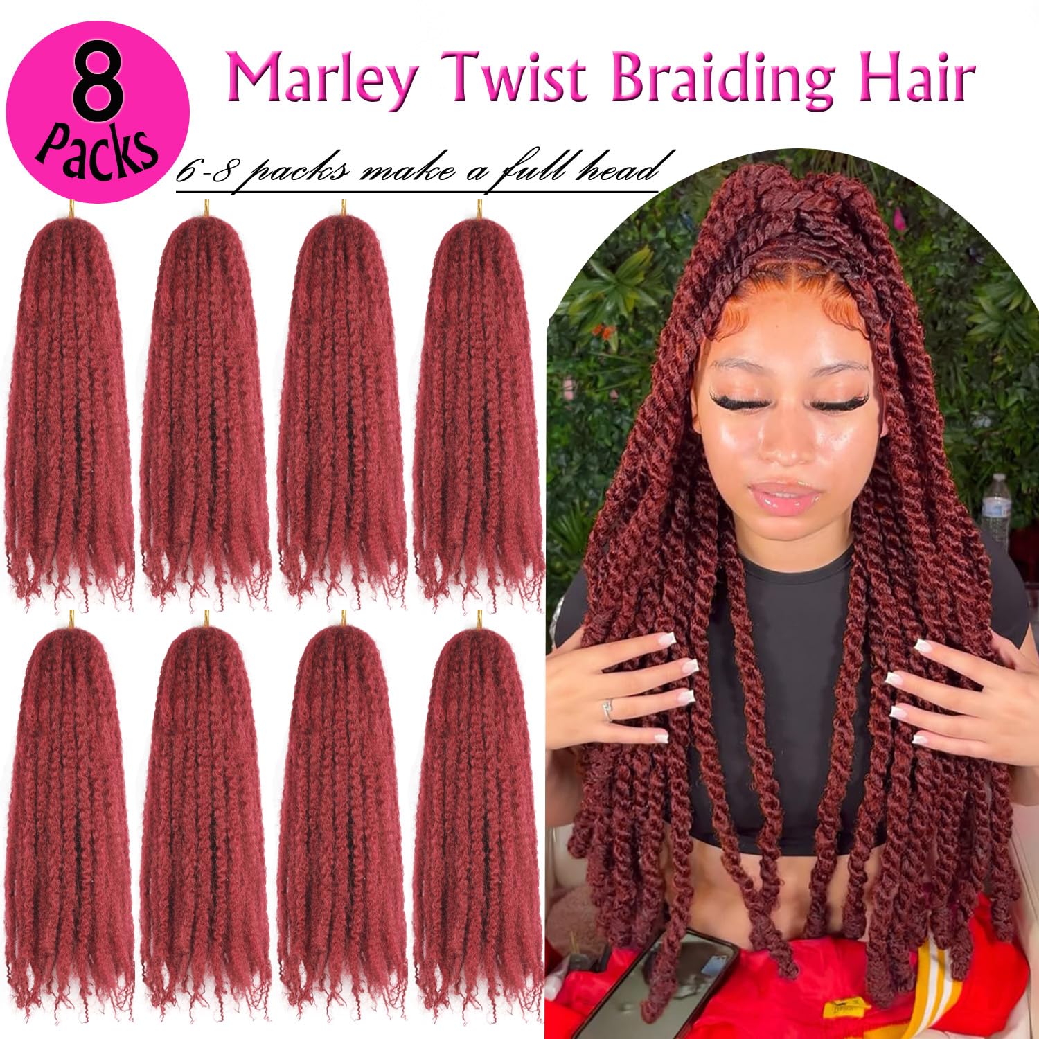 Enbeautiful Marley Twist Hair 24 Inch 8packs Marley Twists Braiding Hair Long Cuban Twist Hair Pre Fluffed Afro Kinky Curly Twists Crochet Hair Synthetic Marley Braids Extensions,27#