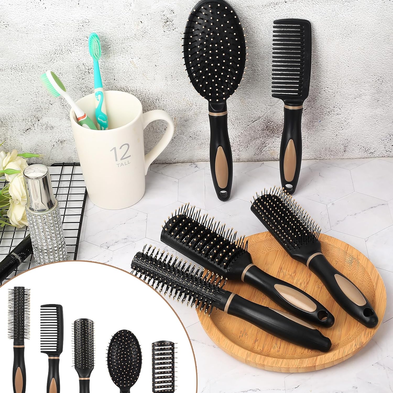 5 PcsBrosse Cheveux Anti-nœuds, Brosse à Cheveux Poils pour femmes et hommes, Brosse Demelante antistatiques ventilés pour femmes et hommes, mouillés et bouclés, salon et maison
