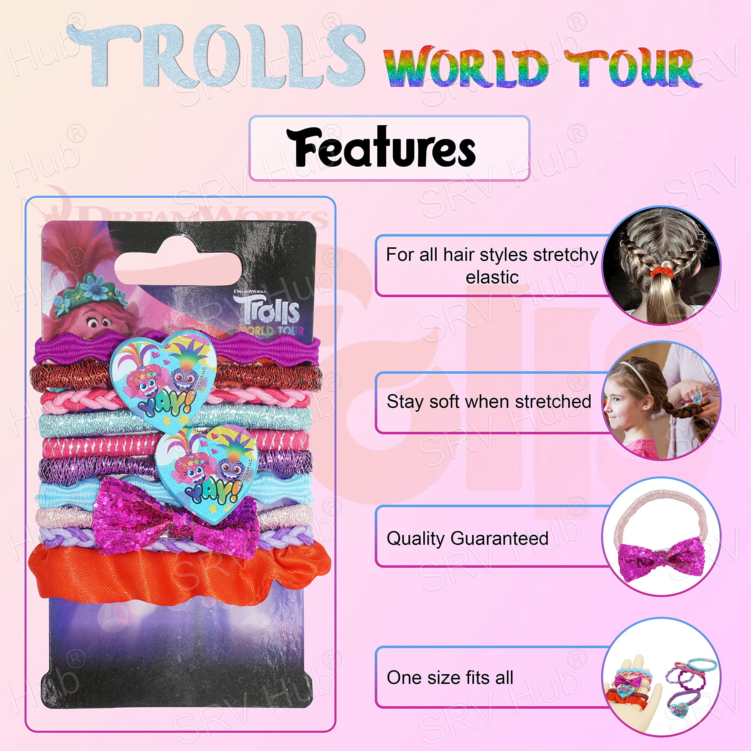 Accessoires à cheveux Trolls pour enfants, brosse à cheveux pour filles, pompons, nœud à cheveux et pince à cheveux pour enfants, pinces à cheveux multicolores pailletées avec de belles breloques