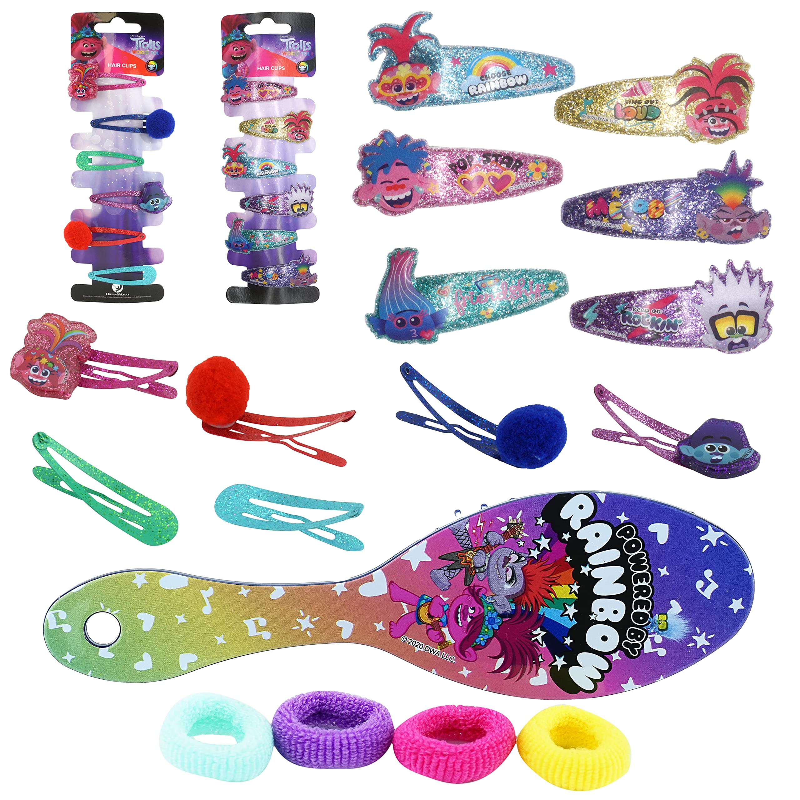 Accessoires à cheveux Trolls pour enfants, brosse à cheveux pour filles, pompons, nœud à cheveux et pince à cheveux pour enfants, pinces à cheveux multicolores pailletées avec de belles breloques