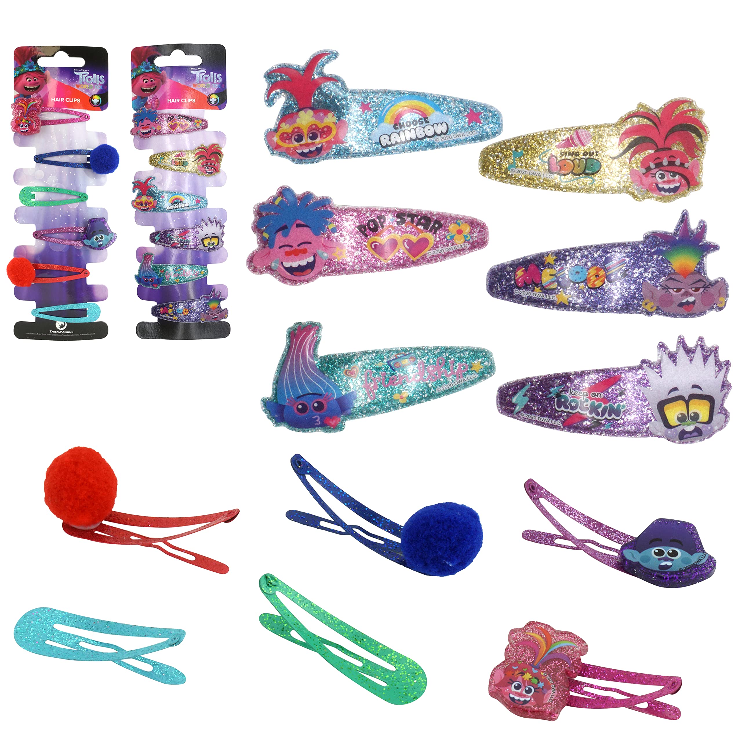 Accessoires à cheveux Trolls pour enfants, brosse à cheveux pour filles, pompons, nœud à cheveux et pince à cheveux pour enfants, pinces à cheveux multicolores pailletées avec de belles breloques