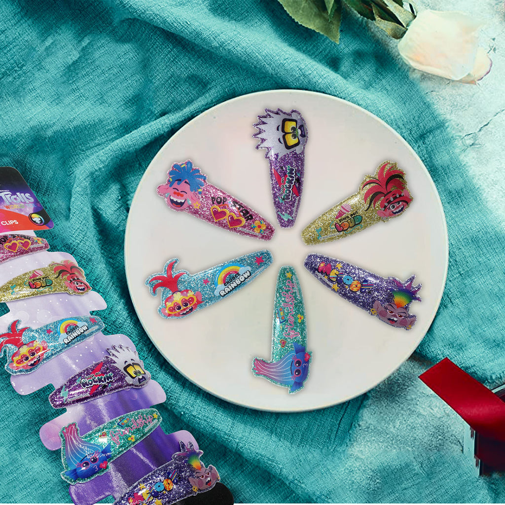 Accessoires à cheveux Trolls pour enfants, brosse à cheveux pour filles, pompons, nœud à cheveux et pince à cheveux pour enfants, pinces à cheveux multicolores pailletées avec de belles breloques