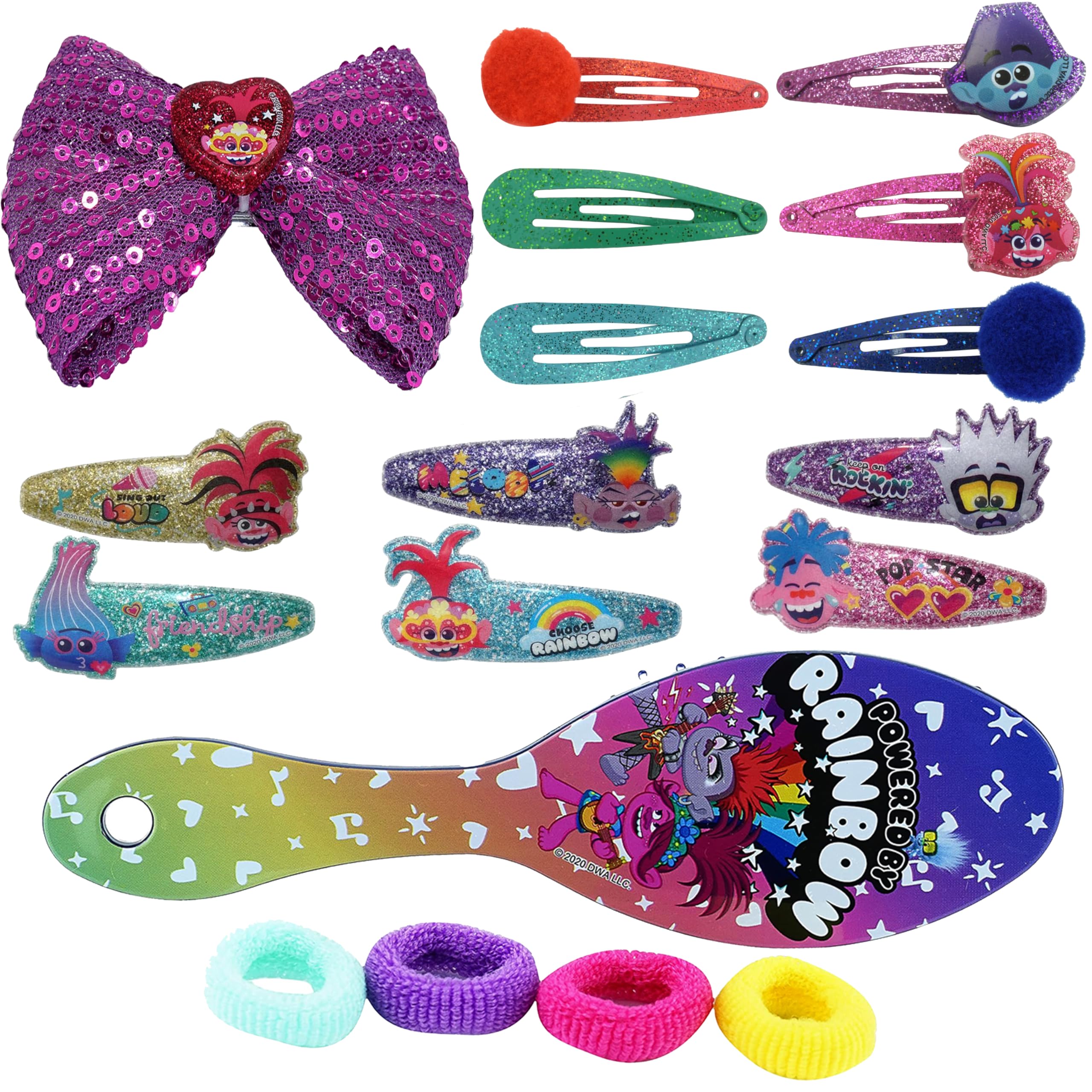 Accessoires à cheveux Trolls pour enfants, brosse à cheveux pour filles, pompons, nœud à cheveux et pince à cheveux pour enfants, pinces à cheveux multicolores pailletées avec de belles breloques