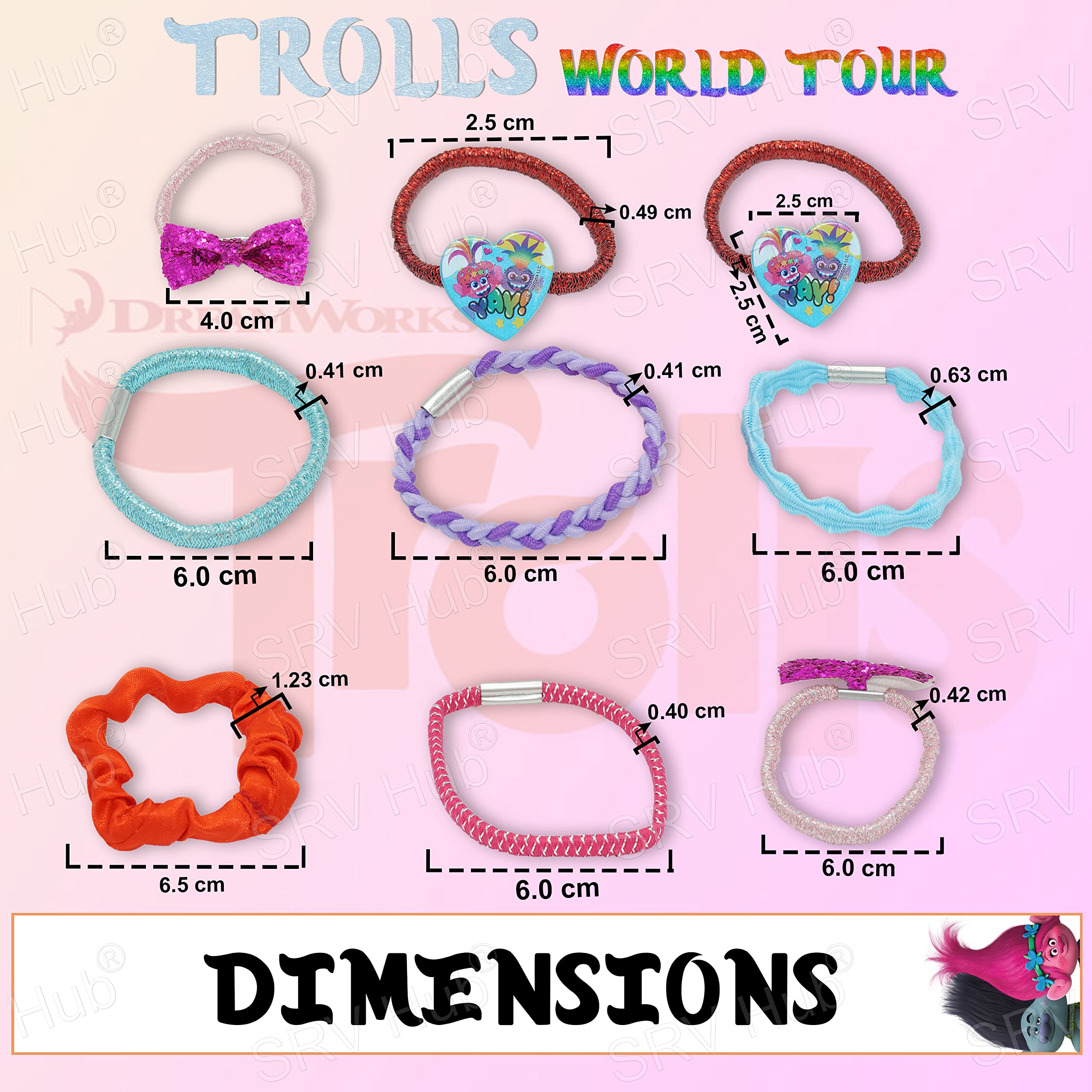 Accessoires à cheveux Trolls pour enfants, brosse à cheveux pour filles, pompons, nœud à cheveux et pince à cheveux pour enfants, pinces à cheveux multicolores pailletées avec de belles breloques
