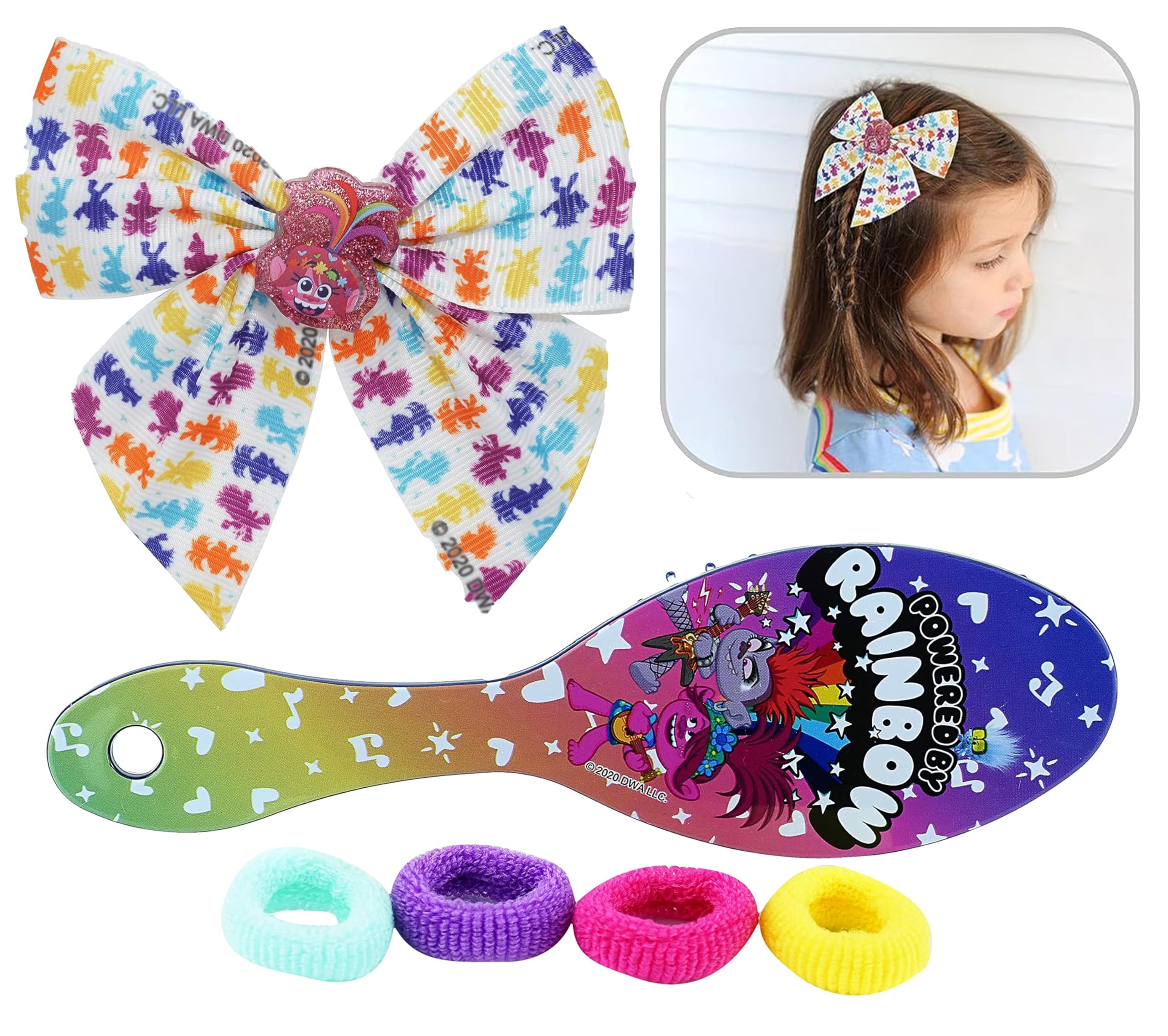 Accessoires à cheveux Trolls pour enfants, brosse à cheveux pour filles, pompons, nœud à cheveux et pince à cheveux pour enfants, pinces à cheveux multicolores pailletées avec de belles breloques
