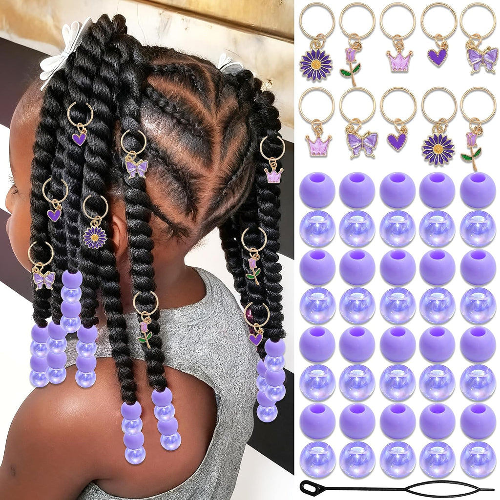 50 pièces de perles violettes pour tresses et dreadlocks – Ensemble d'accessoires de cheveux avec clips fleurs, cœur et couronne – Perles colorées pour filles et femmes – Accessoires de